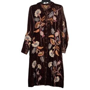 Johnny Was Small Gineva Brown Embroidered Velvet Shirt Dress Misty Leopard NWT